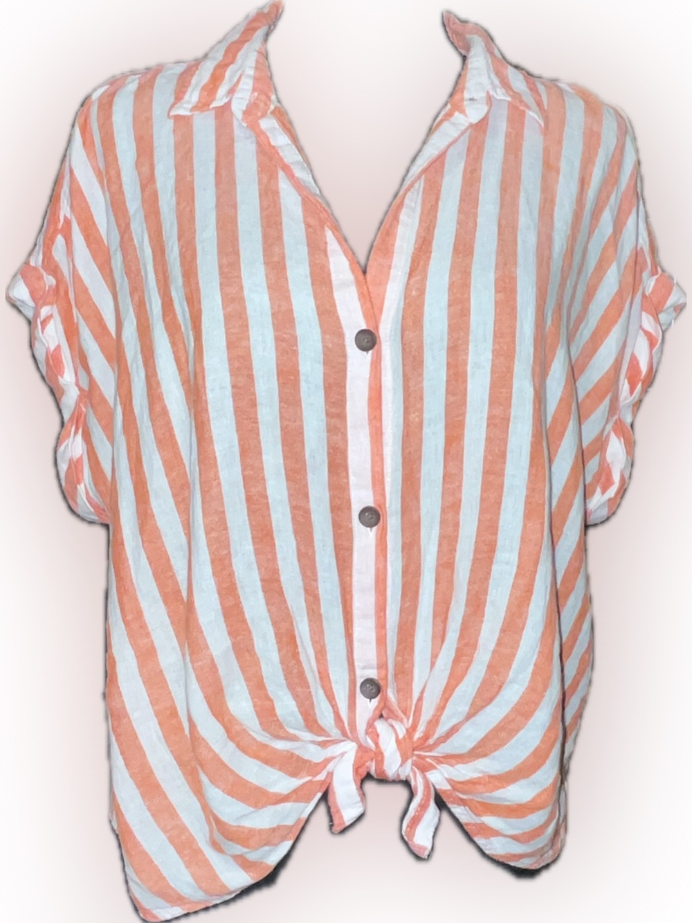 Sonoma oversized Peach and White linen Striped Tie-Front Blouse